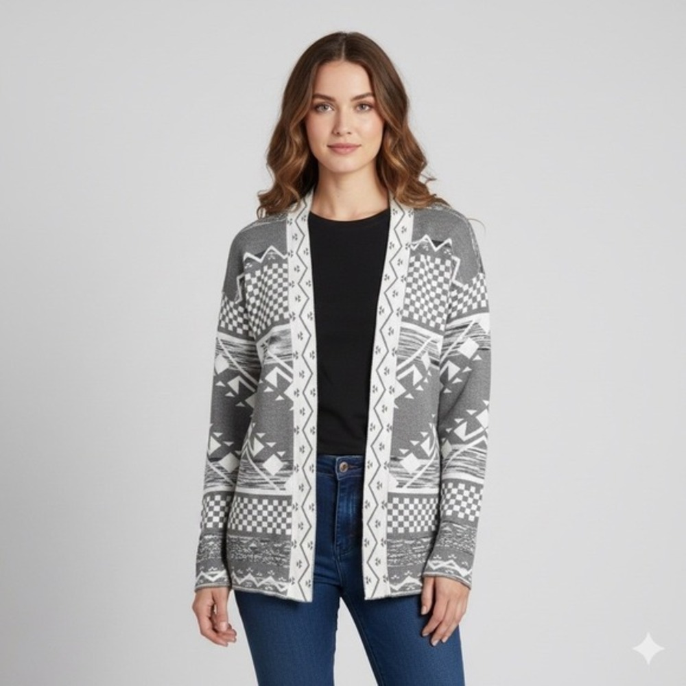 Pink Republic Womens Size‎ Large Open Front Cardigan Sweater Grey Aztec Western